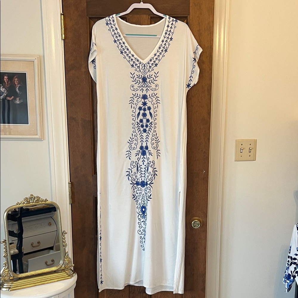 White and Blue Embroidered Kaftan Dress